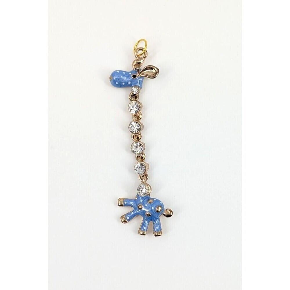 Giraffe Pendant Blue Clear Rhinestones‎ Gold Tone Lavalier Statement Whimsical